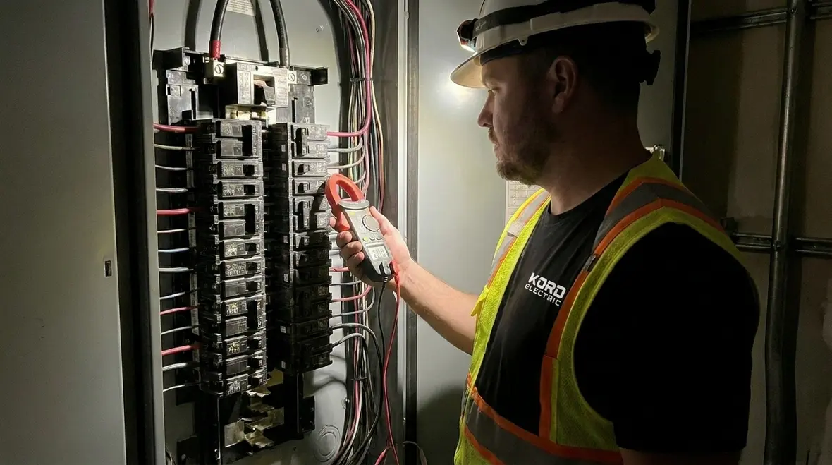 Technician performing commercial electrical load testing in a facility electrical room