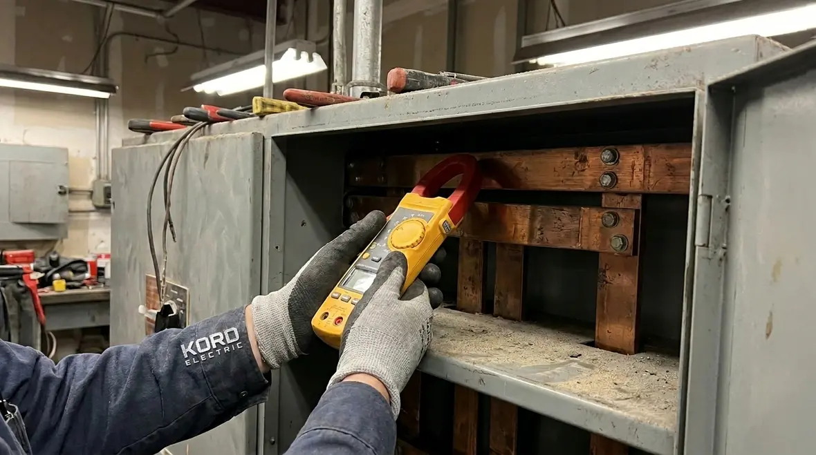 Technician inspecting commercial electrical equipment after load testing