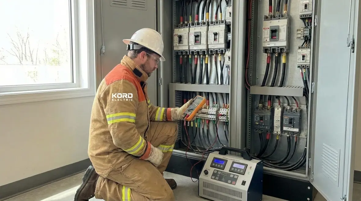 Technician performing commercial electrical load testing in a main distribution room