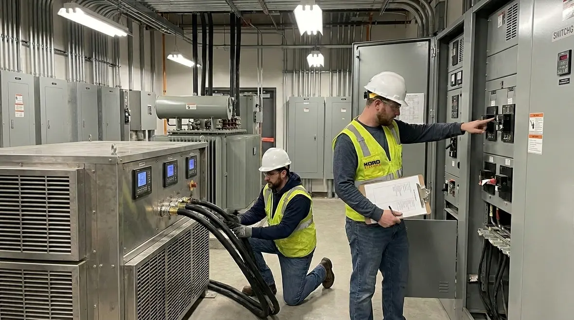 Engineers reviewing commercial electrical load testing results on site