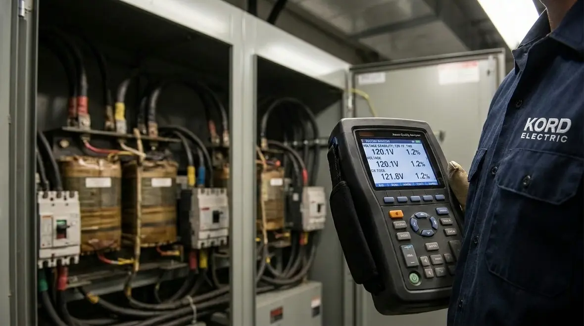 Kord Electric technicians reviewing commercial electrical load testing data with a facility manager