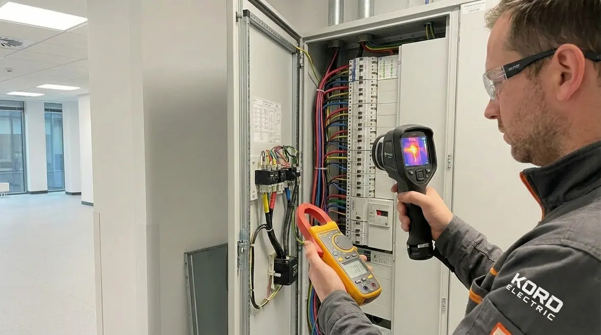 Technicians performing commercial electrical load testing inside a commercial electrical room