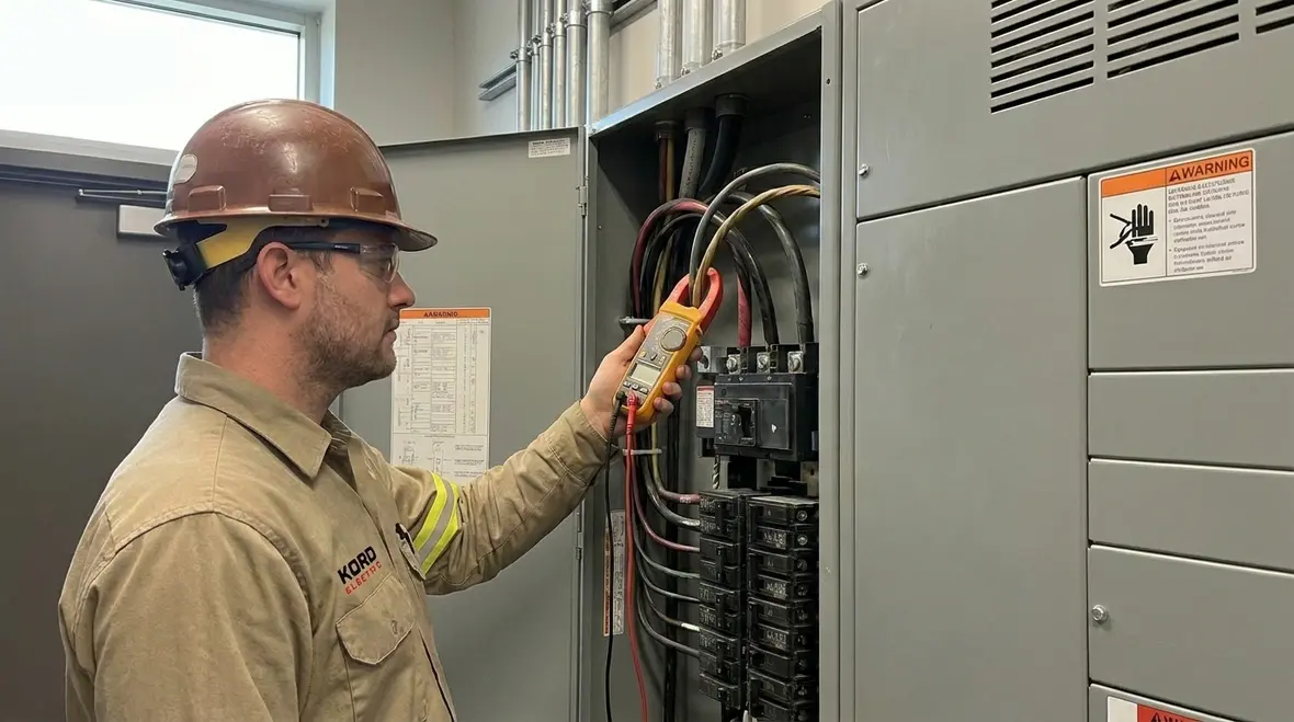 Technician performing commercial electrical load testing in an electrical room