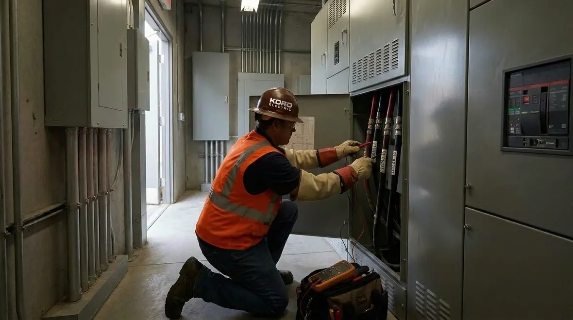 Field technician checking panel data during peak load conditions