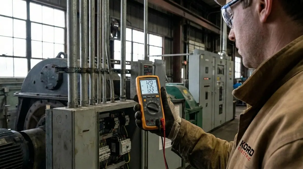 Commercial electrician performing commercial electrical load testing under real operating conditions