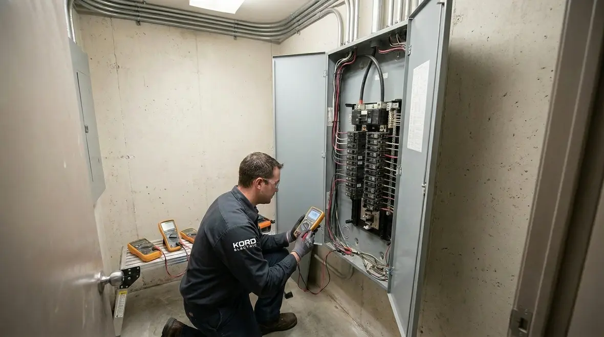 Technicians performing commercial electrical load testing in a commercial facility