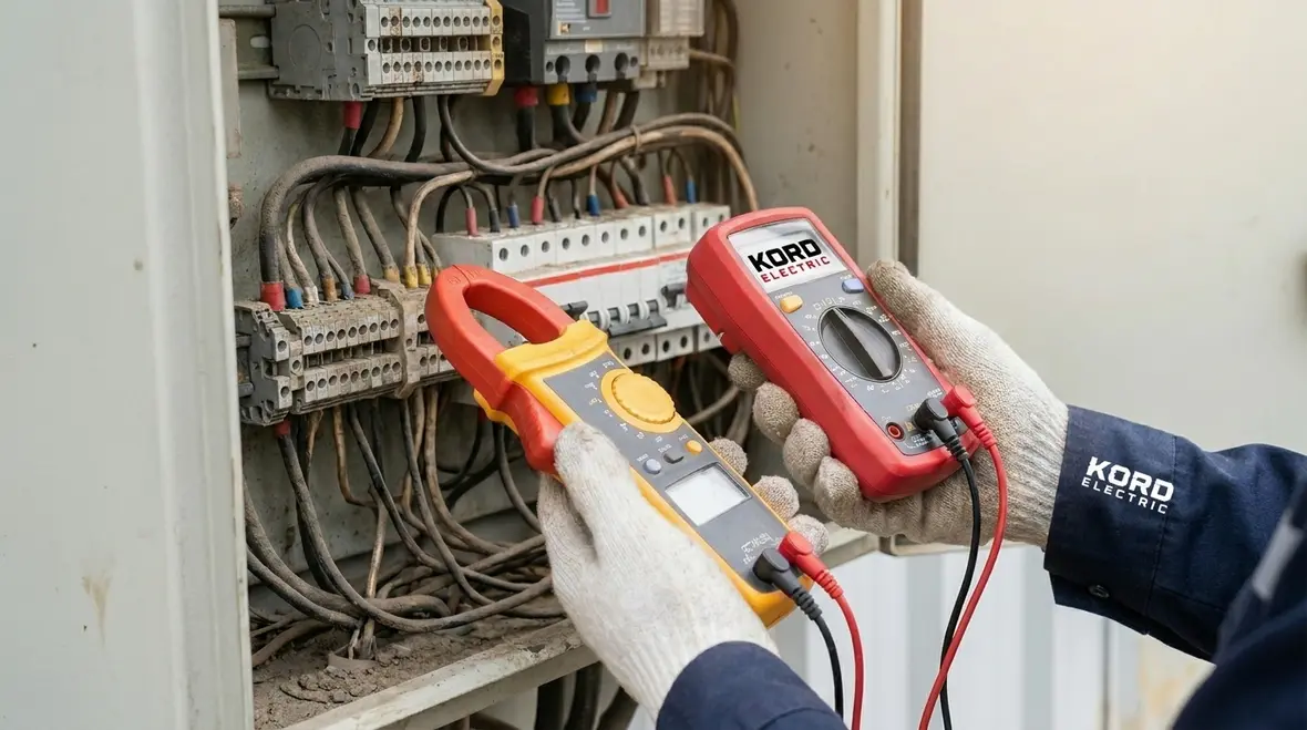 Technician performing commercial electrical load testing on a main distribution panel
