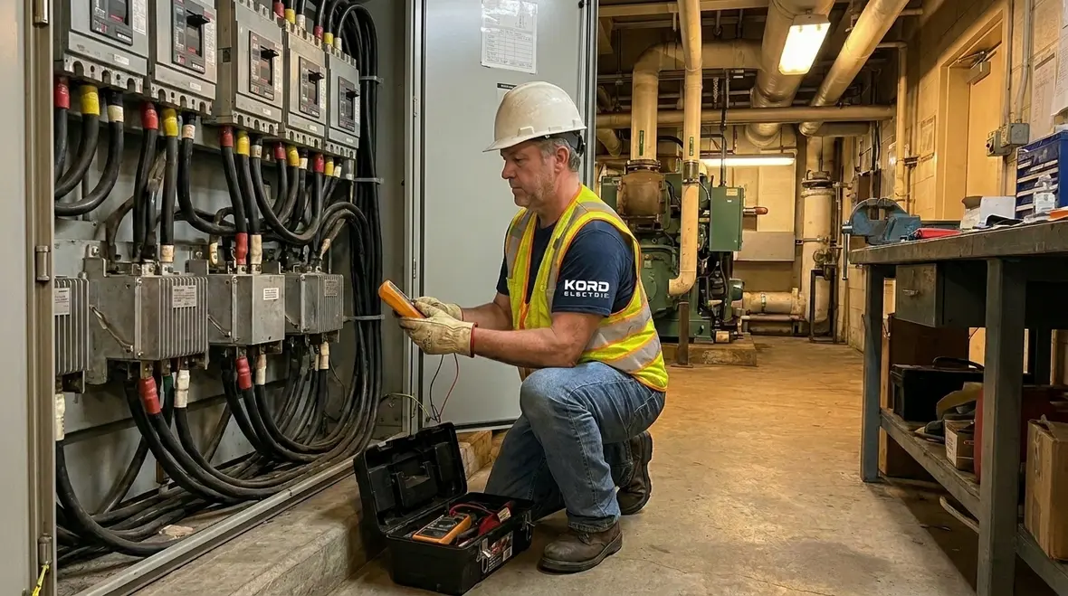 Meters and instruments measuring voltage and current during commercial electrical load testing