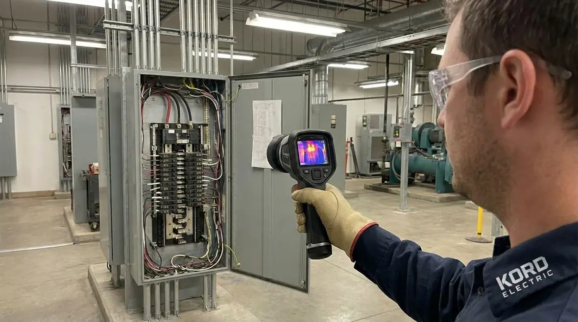 Technician performing commercial electrical load testing in a facility