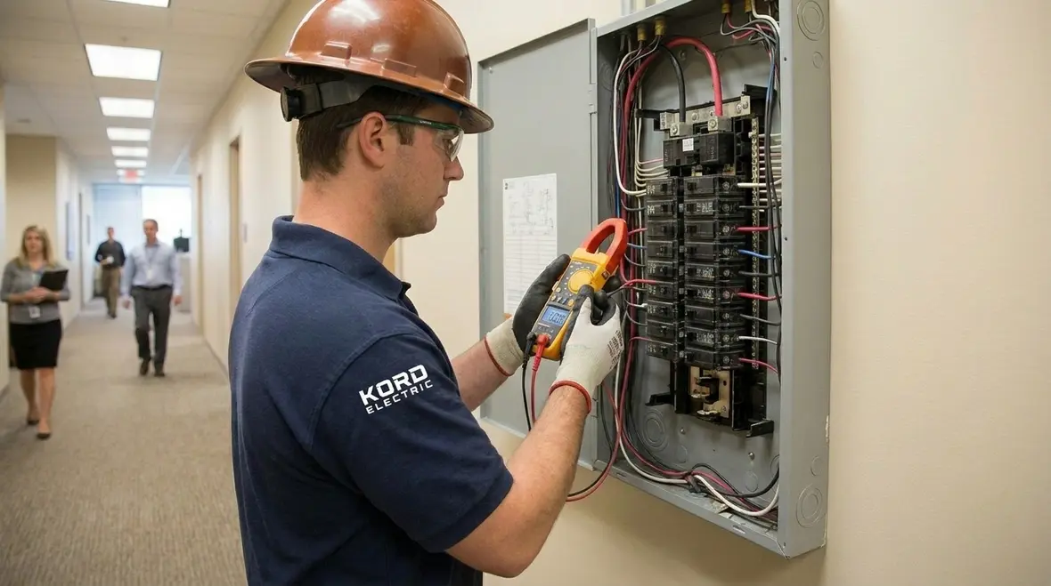 Technician performing commercial electrical load testing in a commercial electrical room