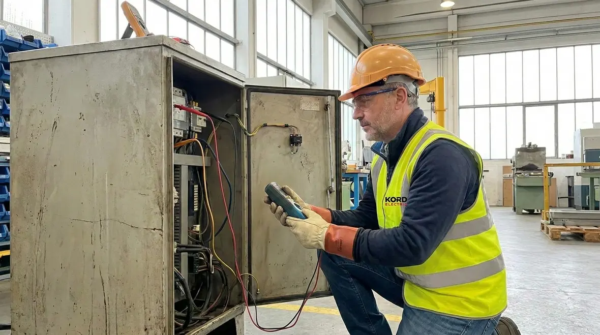 Technician performing commercial electrical load testing on switchgear