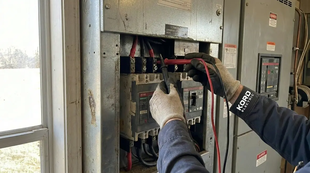 Technicians performing commercial electrical load testing on a main distribution panel