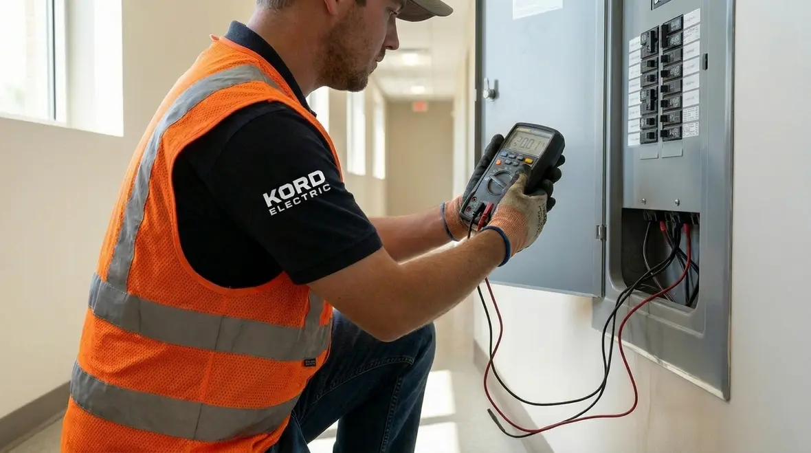 Commercial electrical panel being checked under load in an industrial facility