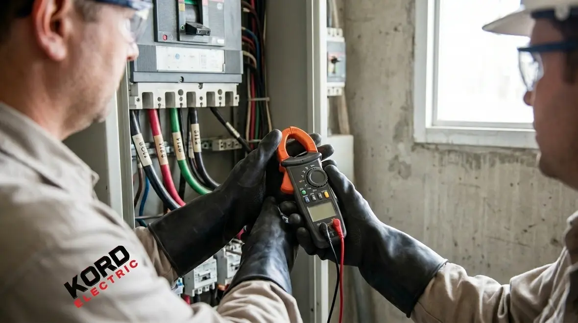 Technician performing commercial electrical load testing on a main distribution panel