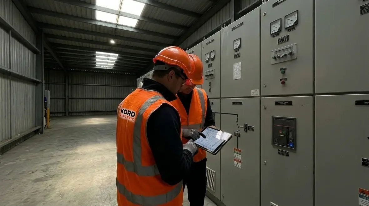 Technician performing commercial electrical load testing in a mechanical room