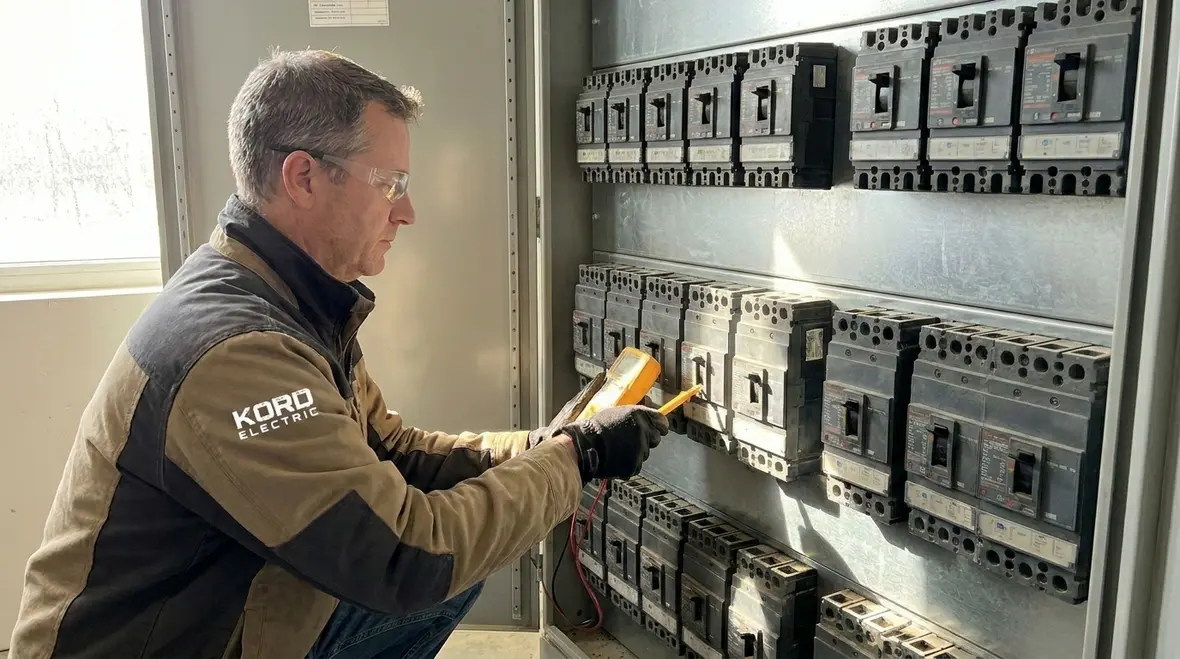 Facility manager reviewing voltage stability and load testing data with a technician