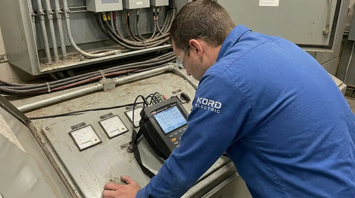 Technician performing commercial electrical load testing under real operating conditions