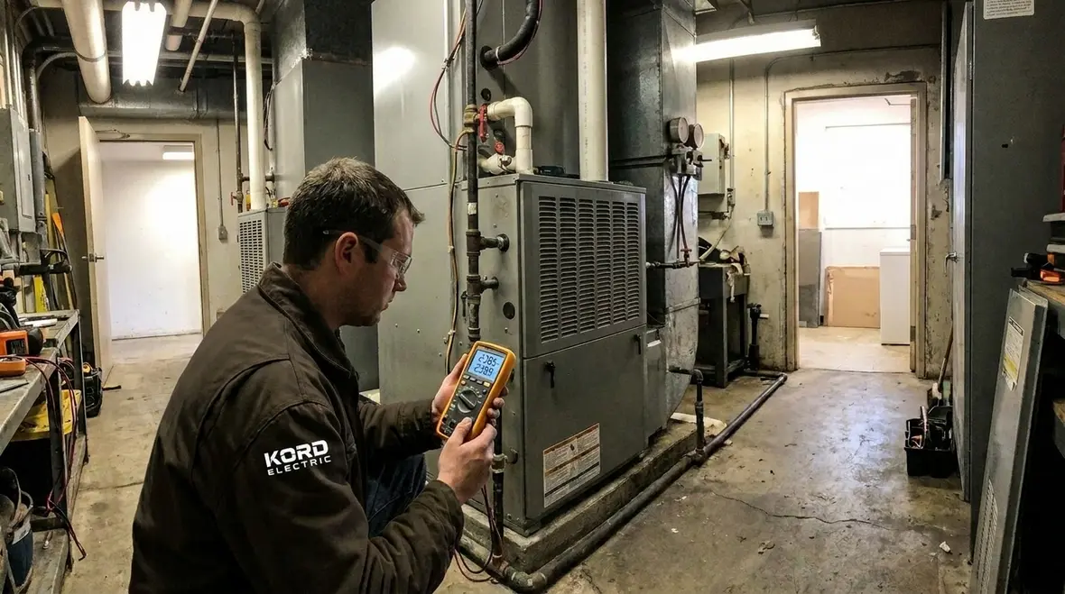 Kord Electric technician recording commercial electrical load testing data