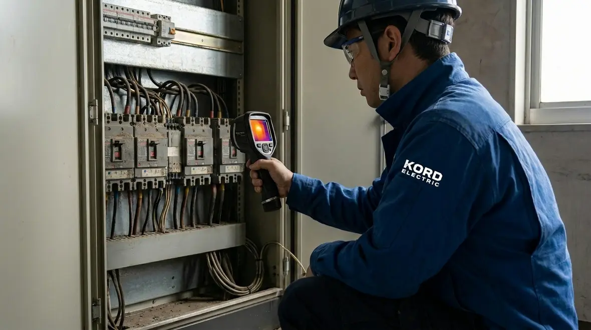Technician performing commercial electrical load testing on a main panel