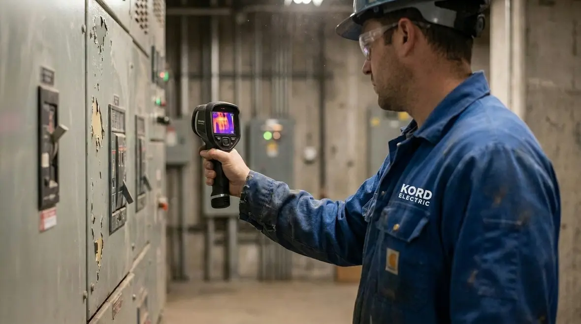Commercial electrical panel under monitored load during safety testing