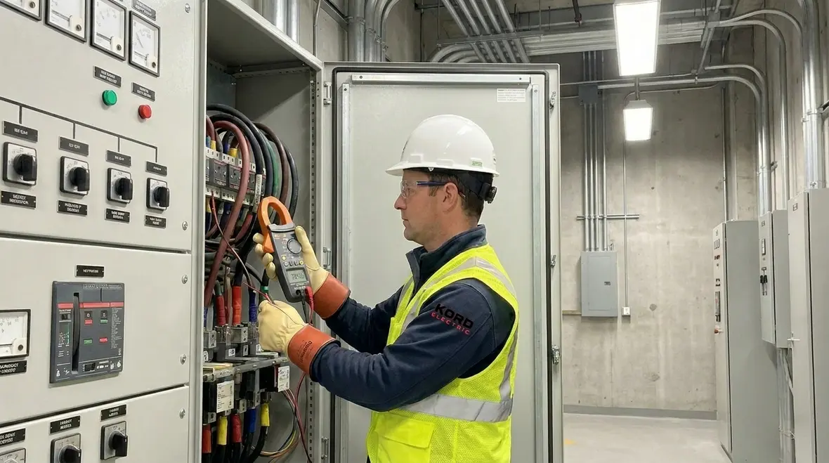 Technician performing commercial electrical load testing on building switchgear