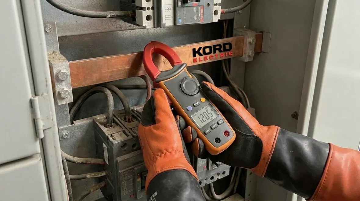 Technician performing commercial electrical load testing on a main distribution panel