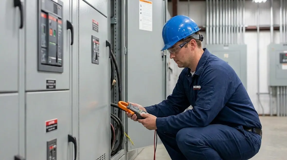 Technician performing commercial electrical load testing in a large facility