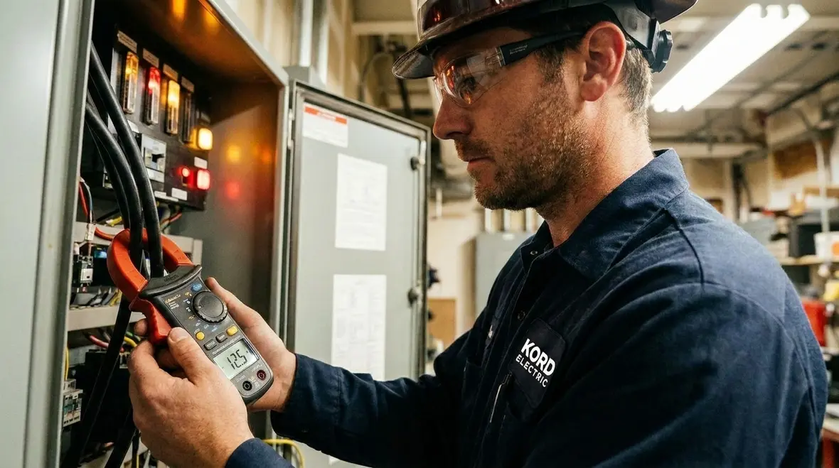 Commercial electricians analyzing voltage fluctuation data
