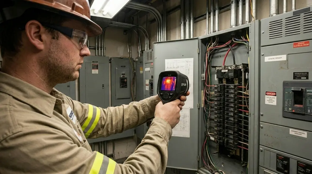 Technician inspecting commercial electrical panels, feeders, and distribution equipment