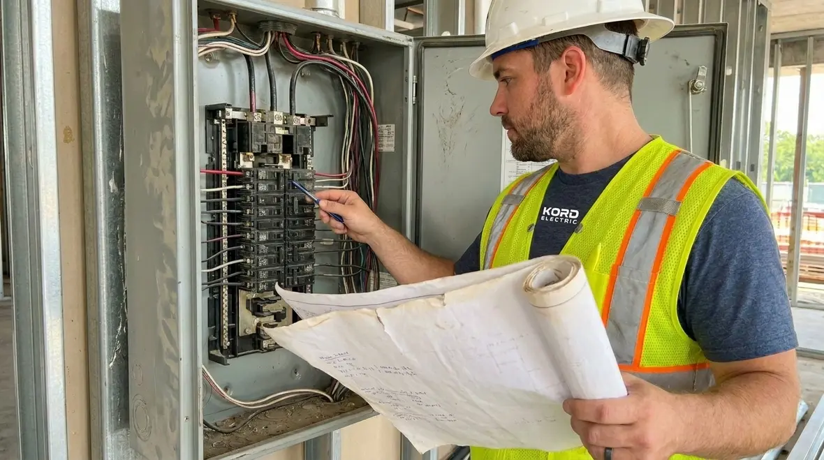 Technician performing commercial electrical panel maintenance inspection