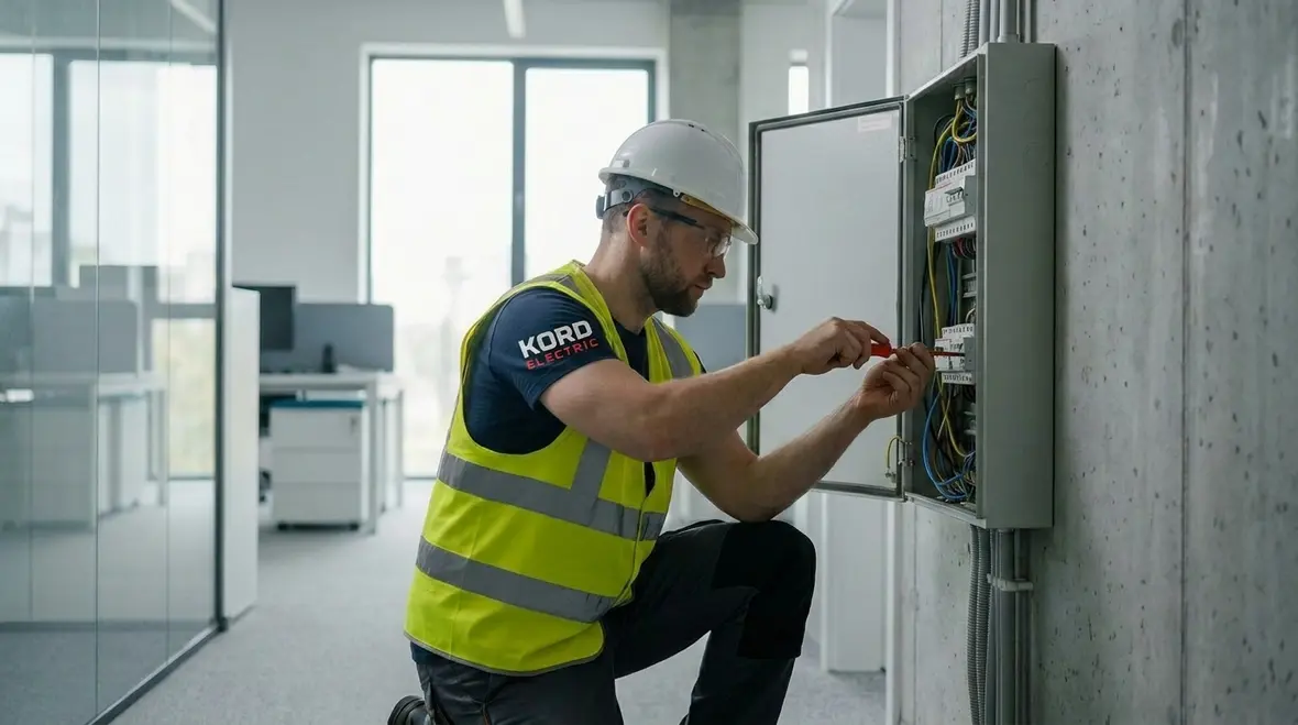 Technician performing commercial electrical panel replacement benefits inspection