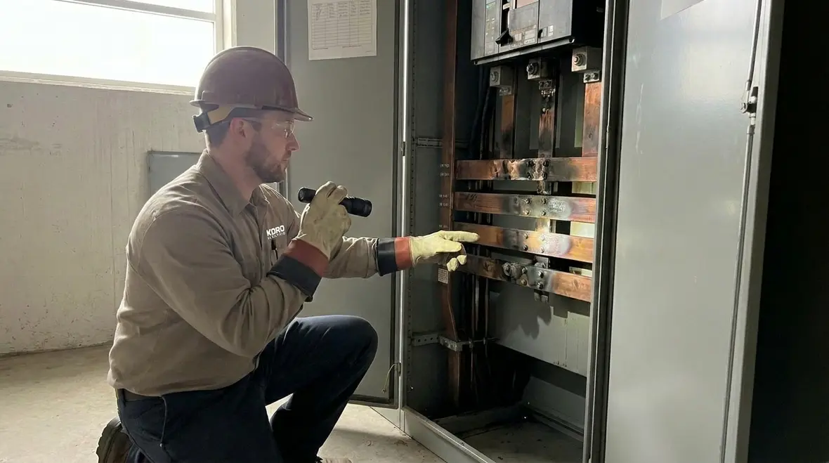 Technician performing commercial electrical panel safety inspection