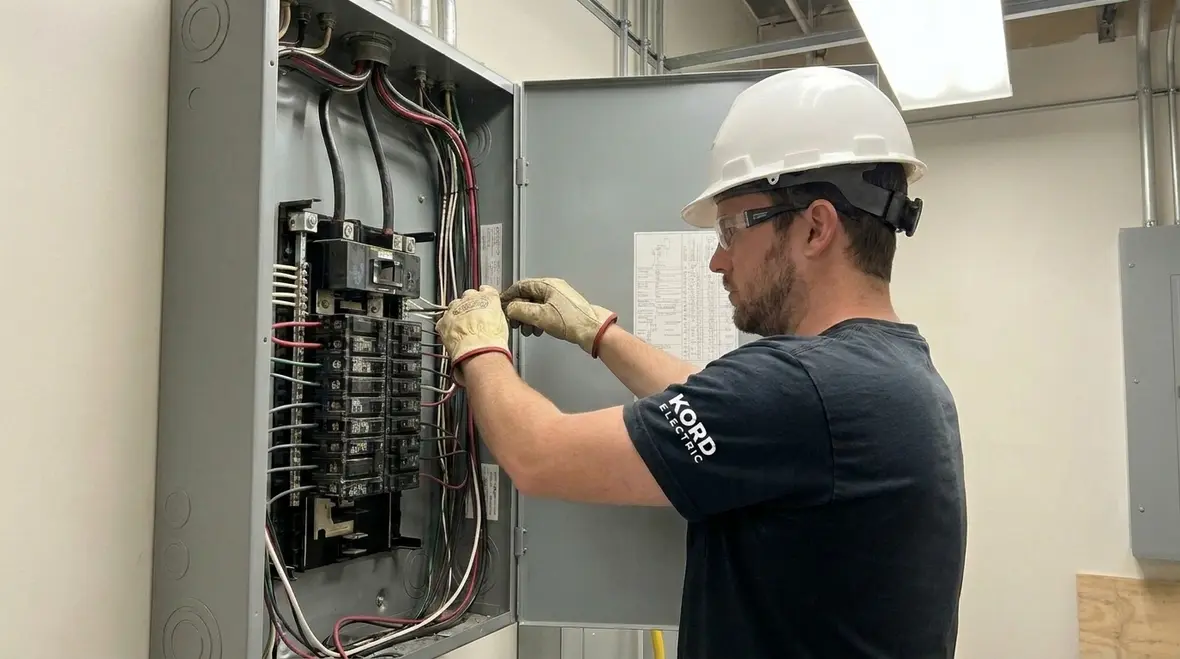 Technician performing commercial electrical panel safety upgrades in a commercial facility
