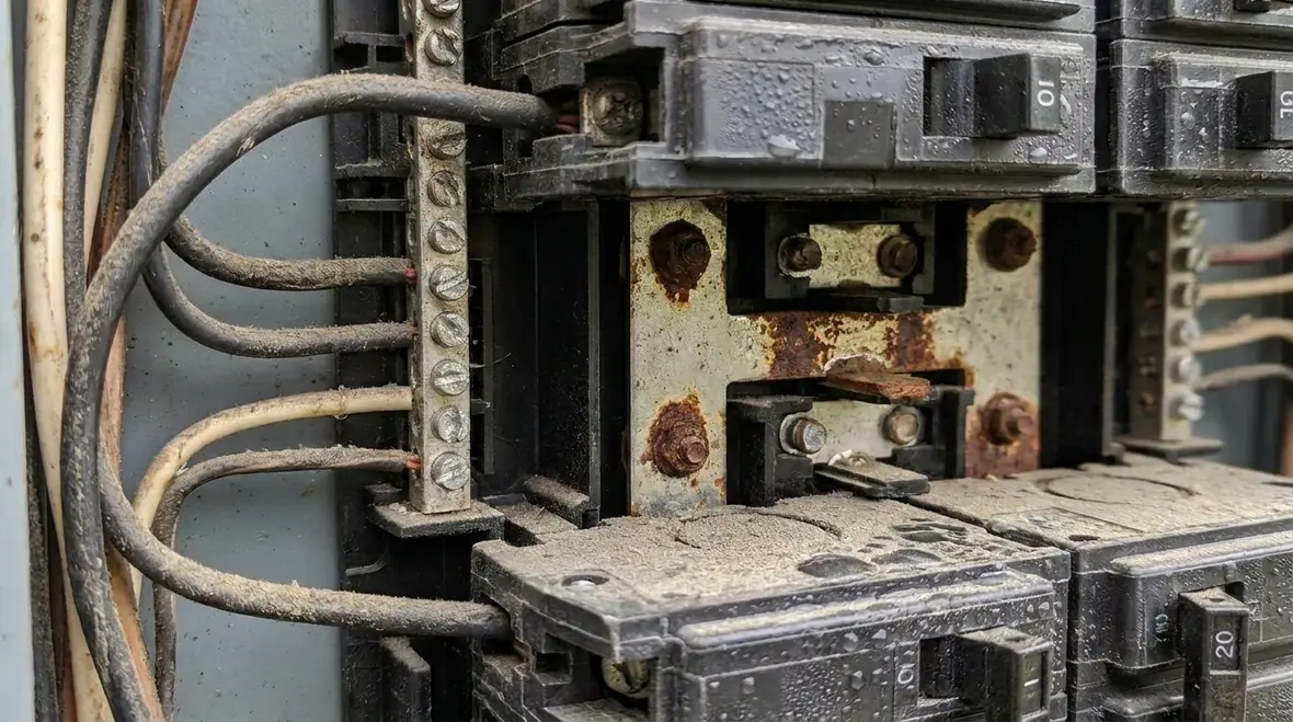Aging commercial electrical panel showing early warning signs before failure