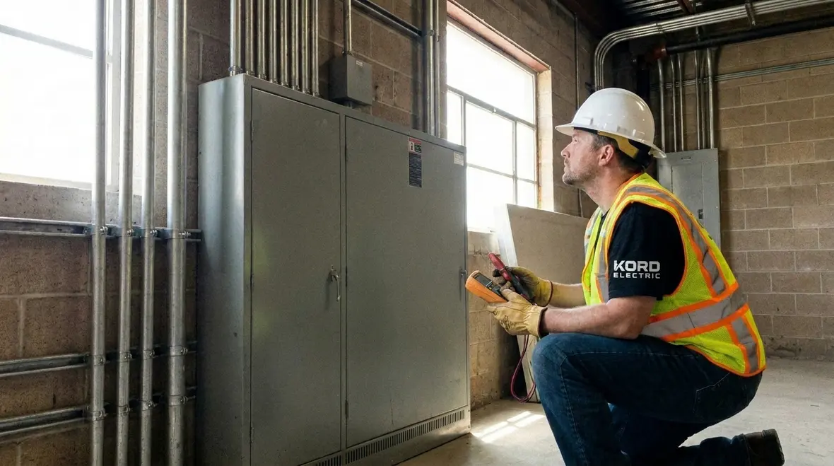 Commercial electrical panel pre-inspection area cleared and prepared