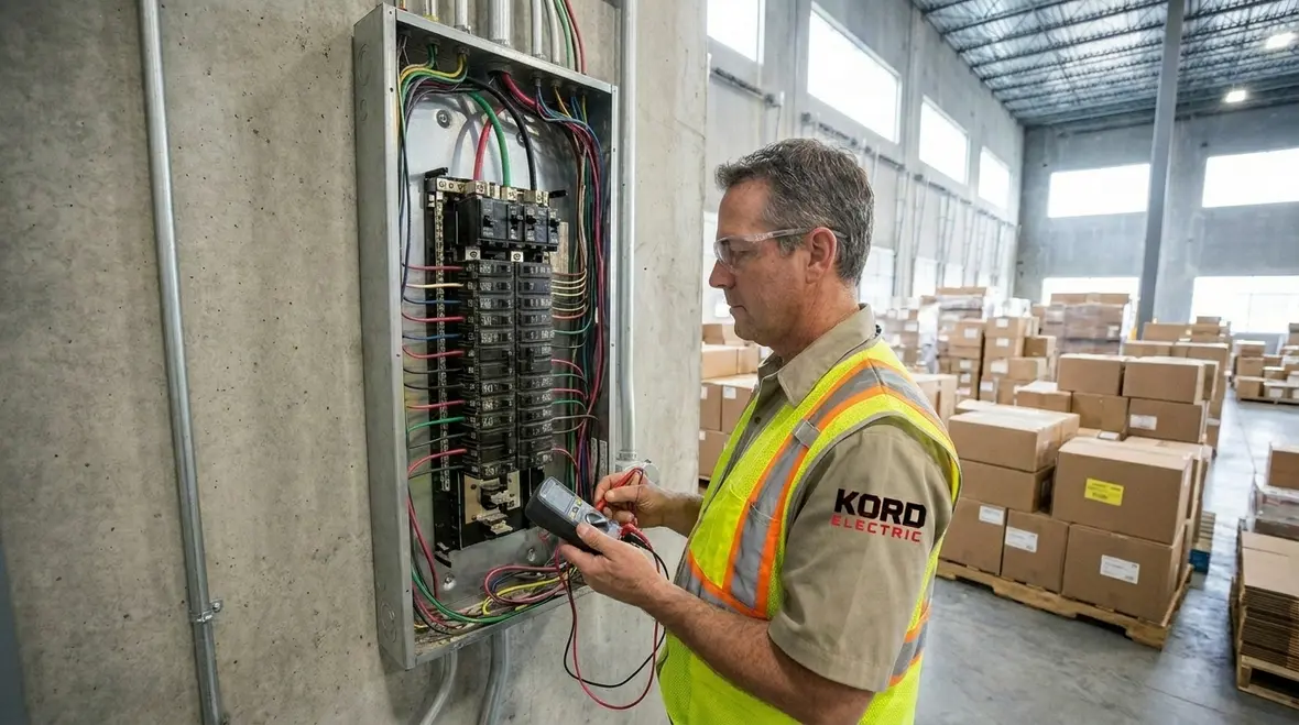 Technician reviewing commercial electrical panel sizing for a growing facility