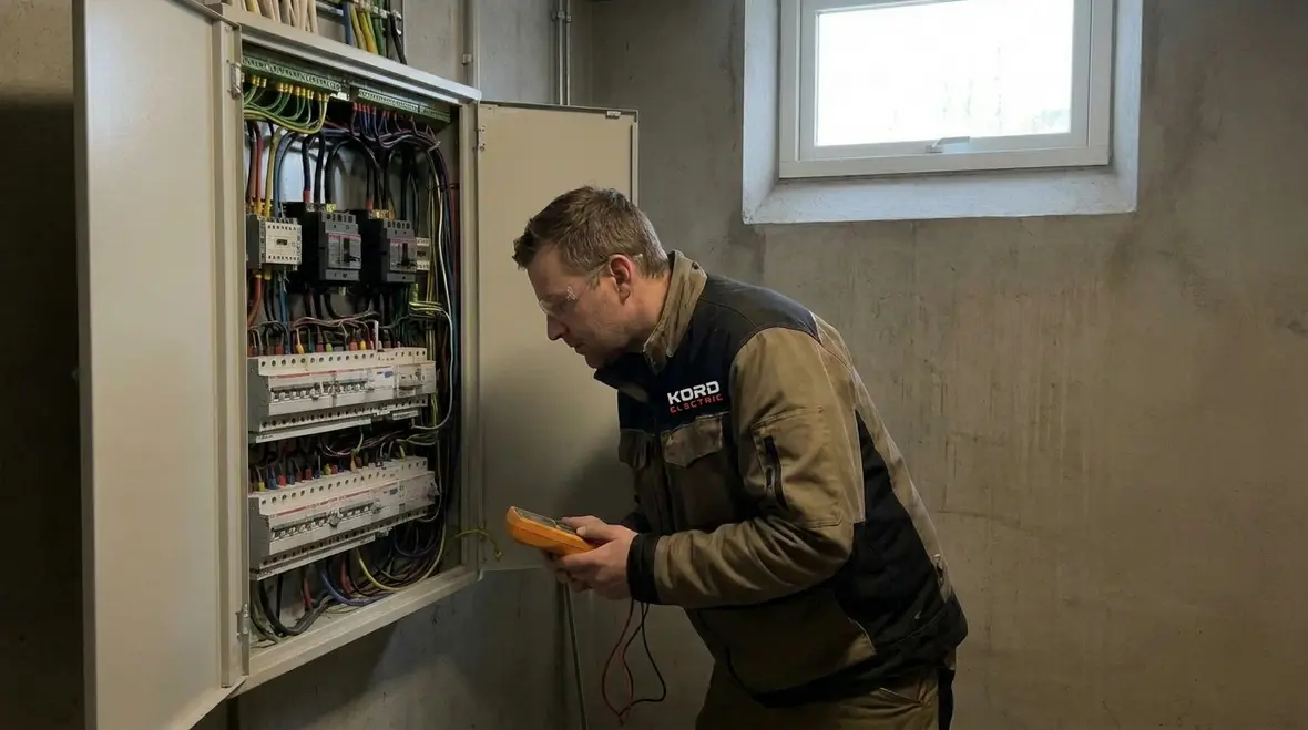 Technician performing commercial electrical panel upgrades in a busy facility