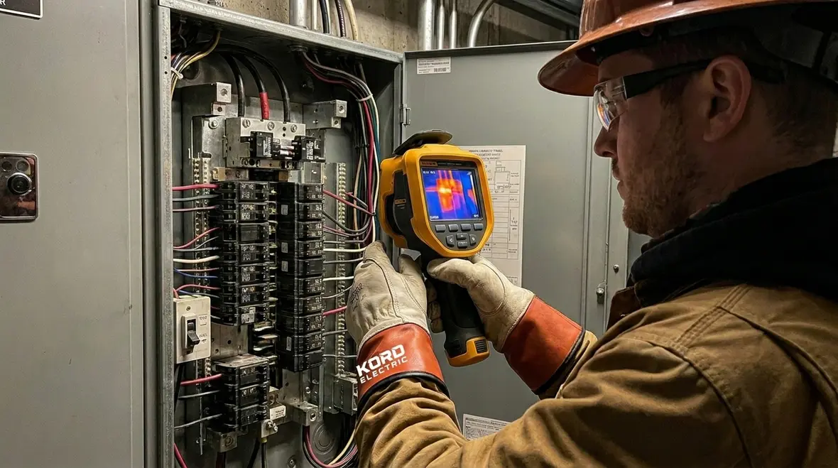 Close-up of a commercial electrical panel under inspection