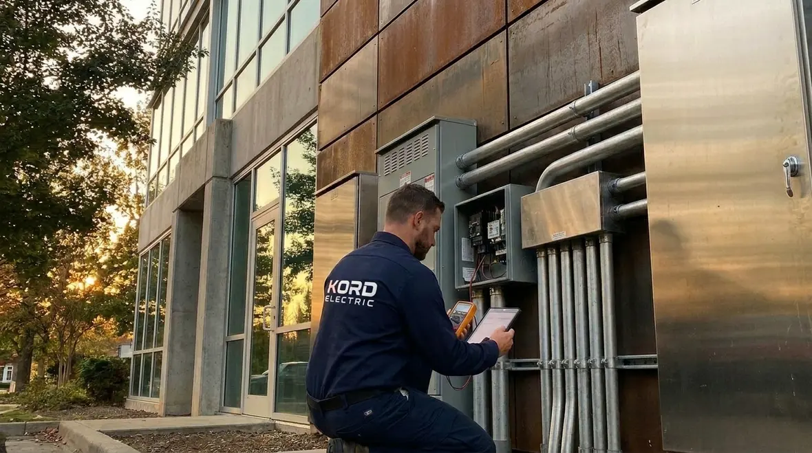 Technician inspecting commercial electrical equipment to prevent downtime