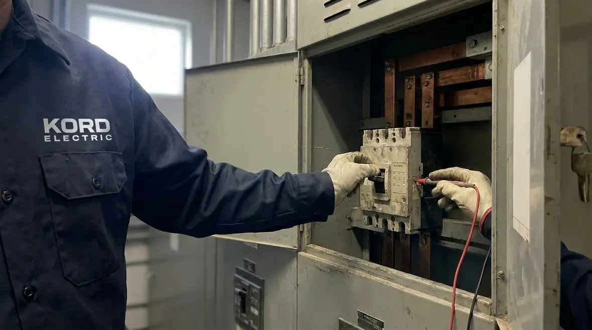 Commercial electricians performing preventative electrical maintenance in a major facility