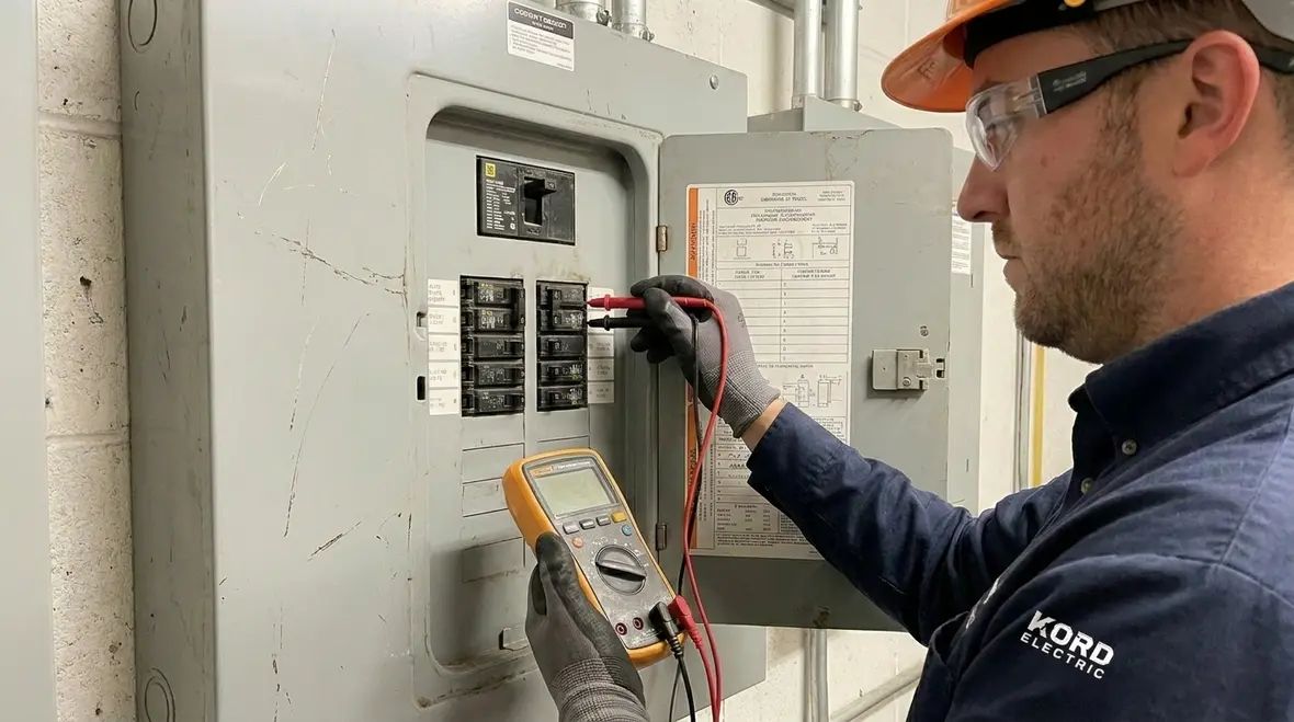 Technician performing commercial electrical preventive maintenance in a large facility