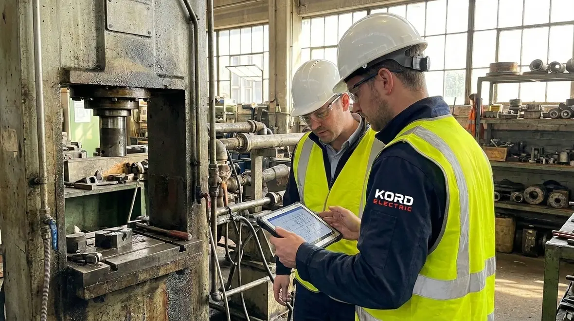 Electrician inspecting panels and grounding in a commercial facility