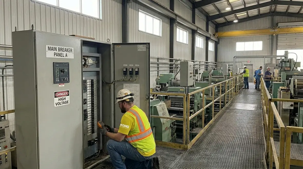 Technician reviewing commercial electrical safety protocols for manufacturing facilities