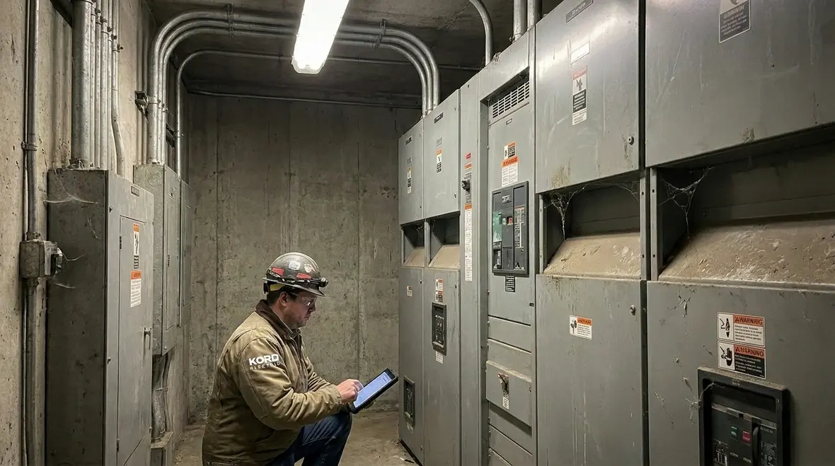 Commercial electricians reviewing commercial electrical safety protocols in a main electrical room