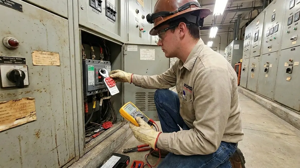 Lockout tagout procedure being followed in a commercial electrical room