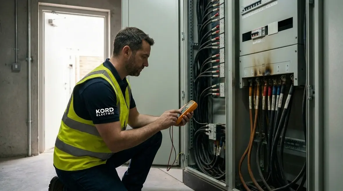 Technician reviewing commercial electrical safety conditions in a busy workplace
