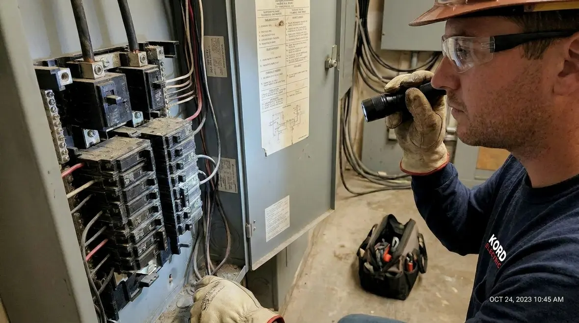 Commercial electrical preventive maintenance being performed on switchgear