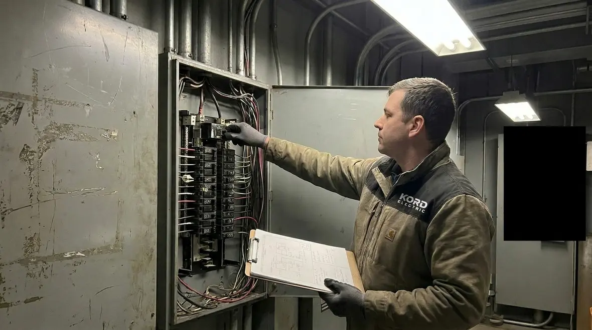 Commercial technicians analyzing power quality data for a facility