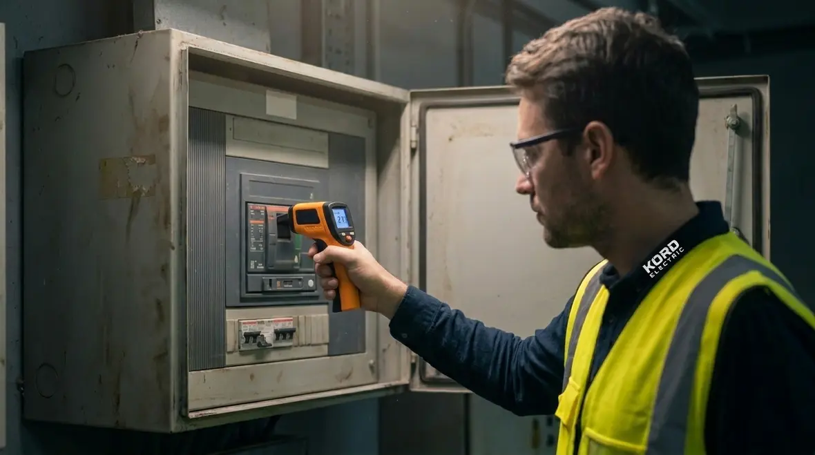 Technician performing commercial electrical troubleshooting in a panel