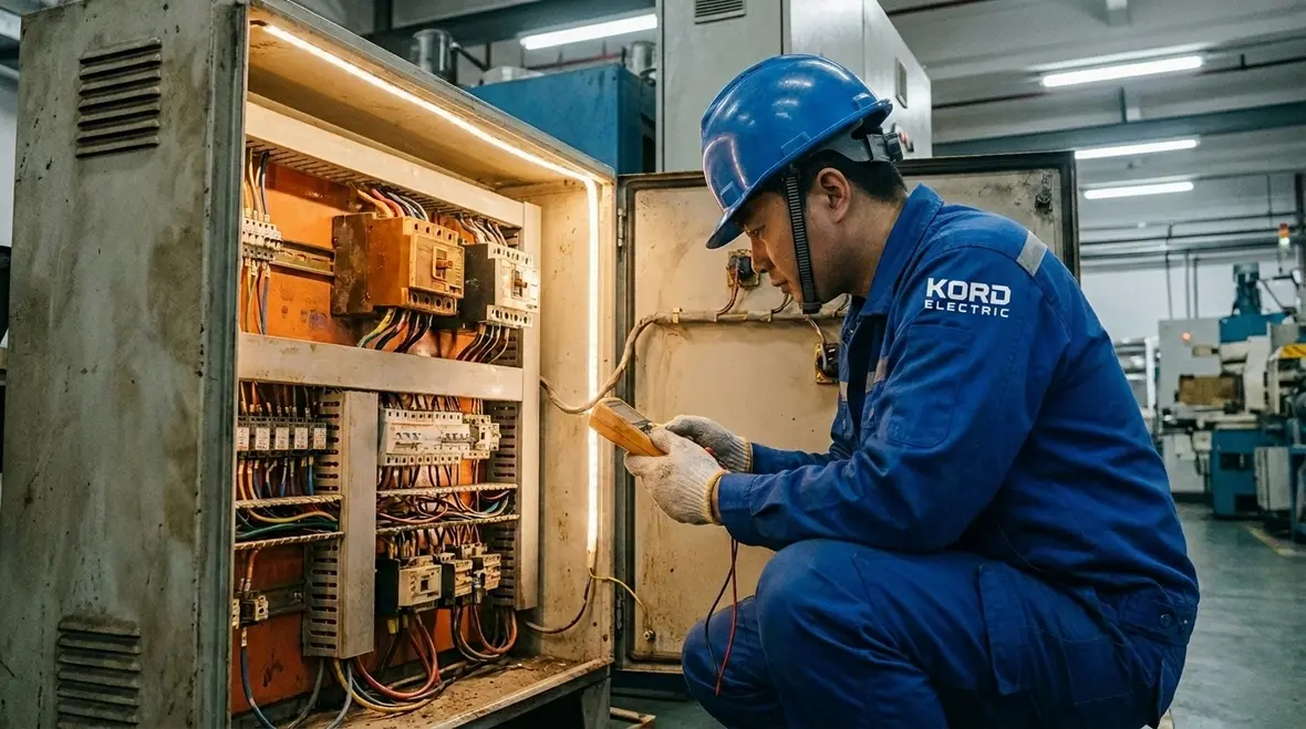 Electricians evaluating commercial electrical service upgrade signs in a main distribution panel